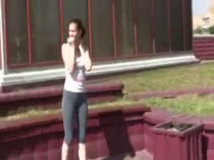 Lovely Russian redhead youthful hottie in hot tight leggins acquires soaked in public 